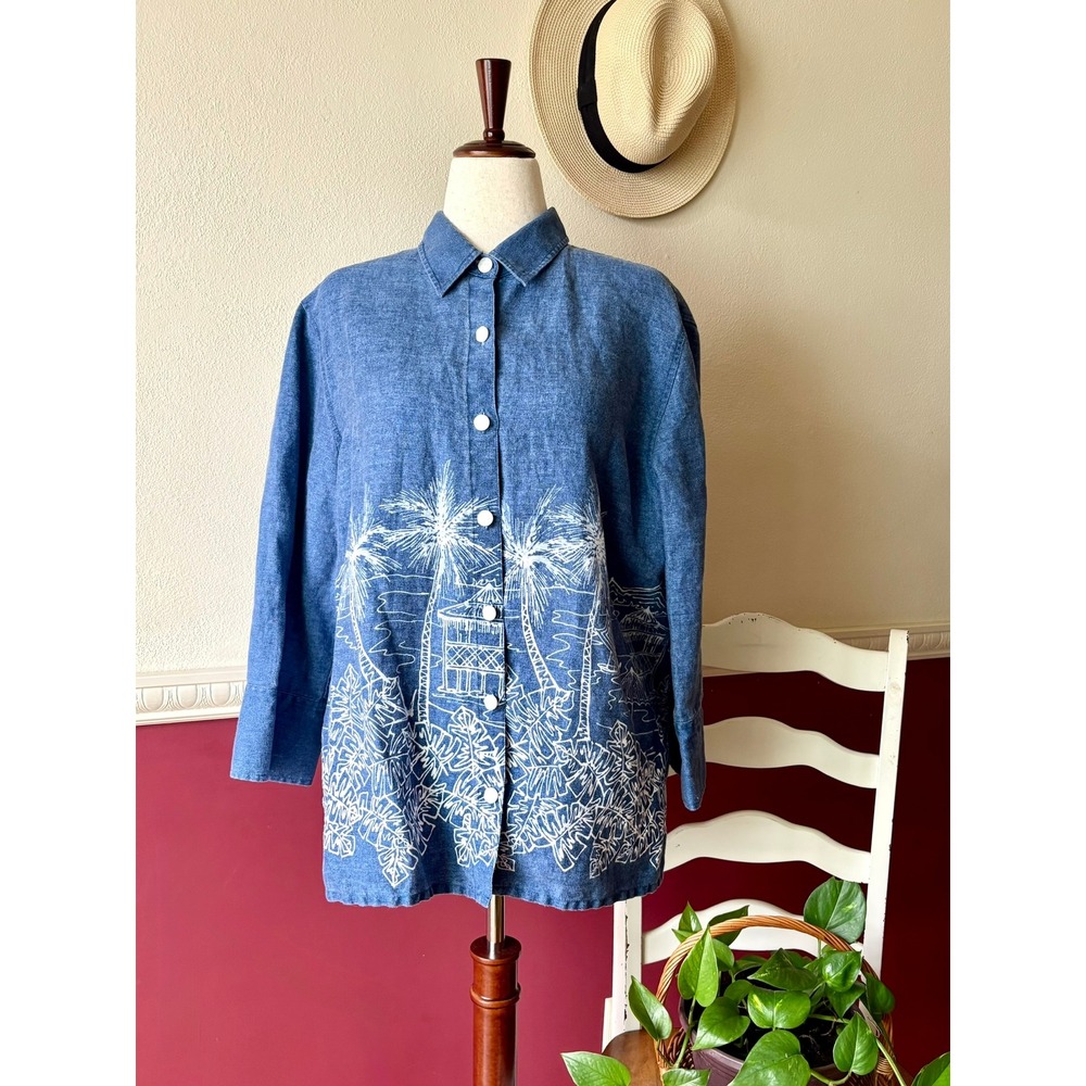 Vintage Easy Spirit 100% Linen Tropical Print Button Down Shirt Blue Chambray XL